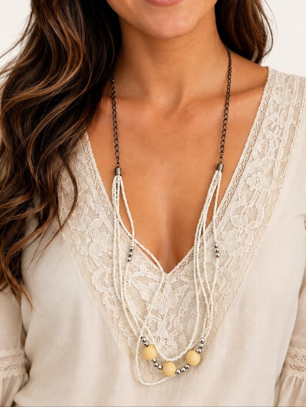 3/$30 Gunmetal Chain Glass Beaded Curly Multi-strand Necklace